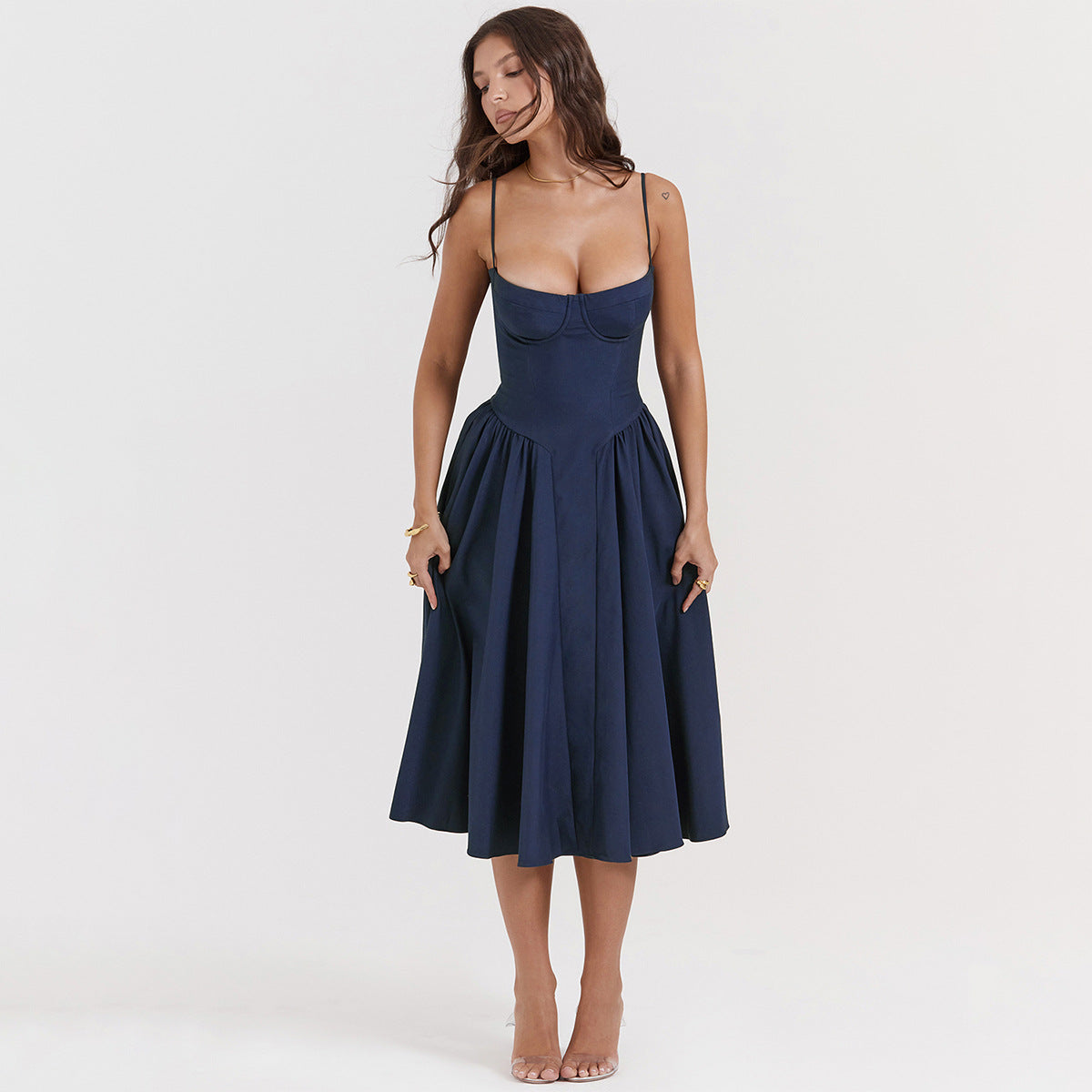 Spicy Sexy V-Neck Slip Dress With Waist-Cinching Design, Slimming Backless Style For Women