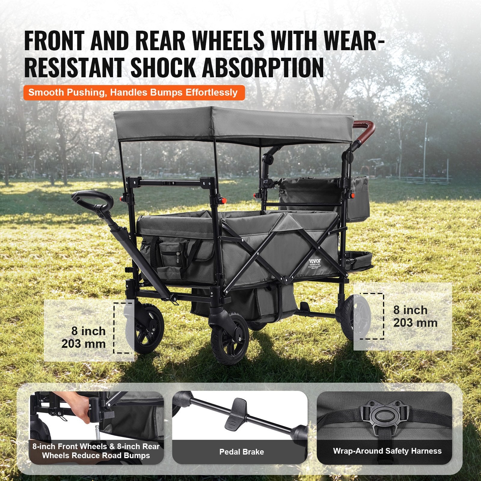 Wagon Stroller For 2 Kids, Push Pull Quad Collapsible Stroller With Adjustable Handle, Encircling Harness Removable Canopy, 4 Wheels W/ Brakes, Mutifunction Tandem Stroller For Camping Dark Grey